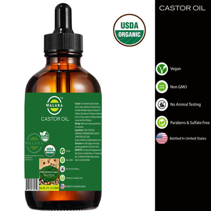 Pure 100% Original Castor Oil (4oz) – USDA Certified Organic, Cold Pressed, Hexane-Free. Eyelash, Eyebrow & Hair Growth Stimulator, Skin Moisturizer & Hair Treatment