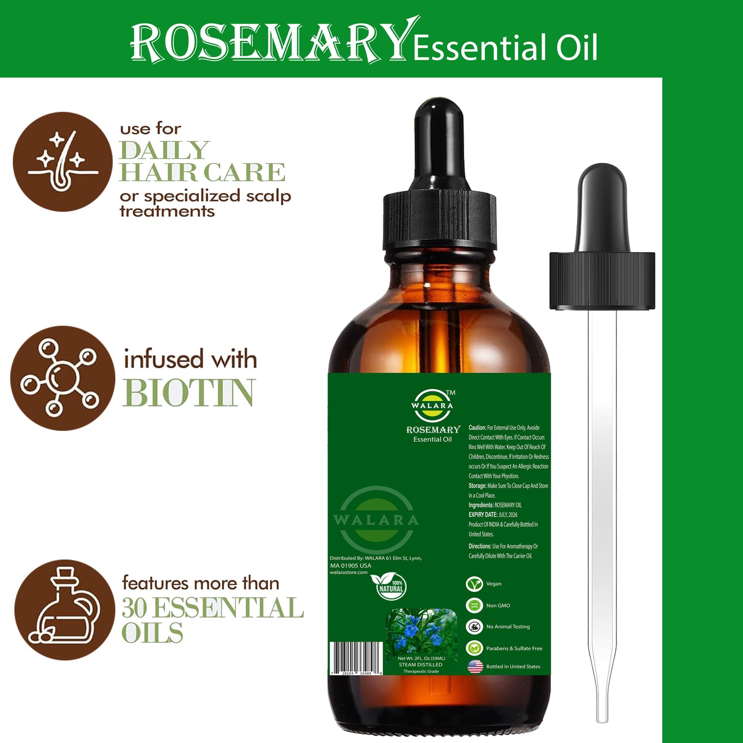 Rosemary Oil for Hair Growth – Nourishes Split Ends, Hydrates Dry Scalp, Strengthens Hair | Suitable for All Hair Types , 2 OZ