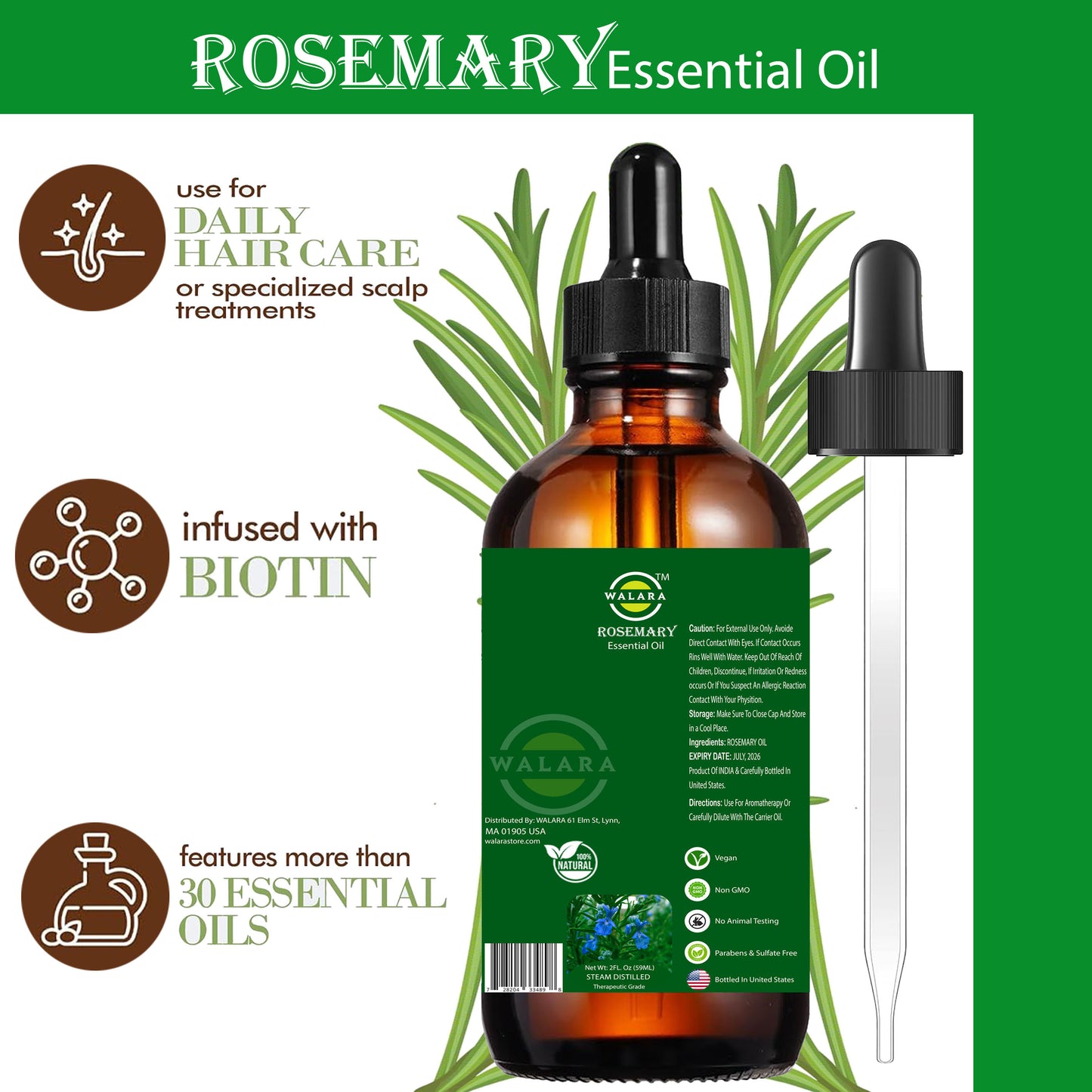 Rosemary Oil for Hair Growth – Nourishes Split Ends, Hydrates Dry Scalp, Strengthens Hair | Suitable for All Hair Types , 2 OZ