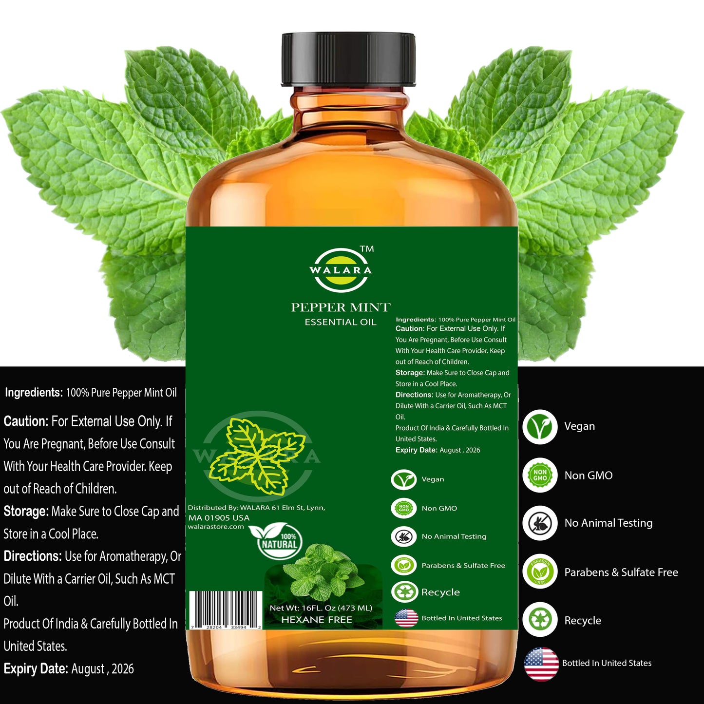 Peppermint Essential Oil - 16 fl oz | Natural Peppermint Oil for Diffuser, Skin Care, Hair, Scalp, and Body Massage