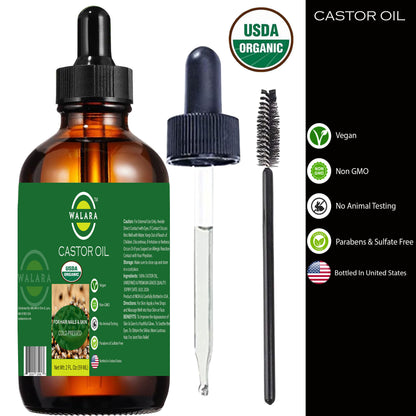 Pure 100% Original Castor Oil (2oz) – USDA Certified Organic, Cold Pressed, Hexane-Free. Eyelash, Eyebrow & Hair Growth Stimulator, Skin Moisturizer & Hair Treatment