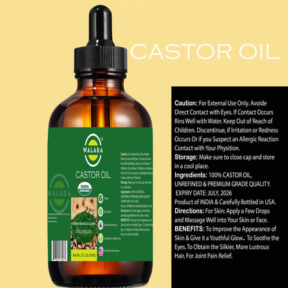 Pure 100% Original Castor Oil (2oz) – USDA Certified Organic, Cold Pressed, Hexane-Free. Eyelash, Eyebrow & Hair Growth Stimulator, Skin Moisturizer & Hair Treatment