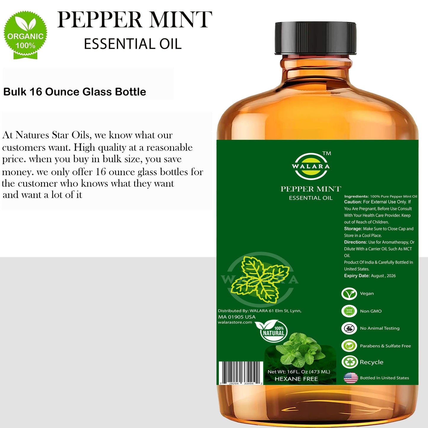 Peppermint Essential Oil - 16 fl oz | Natural Peppermint Oil for Diffuser, Skin Care, Hair, Scalp, and Body Massage