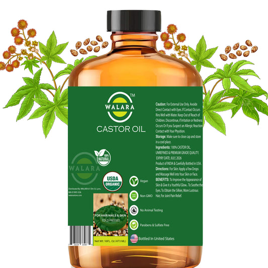 Pure 100% Organic Castor Oil - 16oz | USDA Certified, Cold-Pressed, Hexane-Free | Eyelash, Eyebrow & Hair Growth Serum, Skin Moisturizer, and Hair Treatment