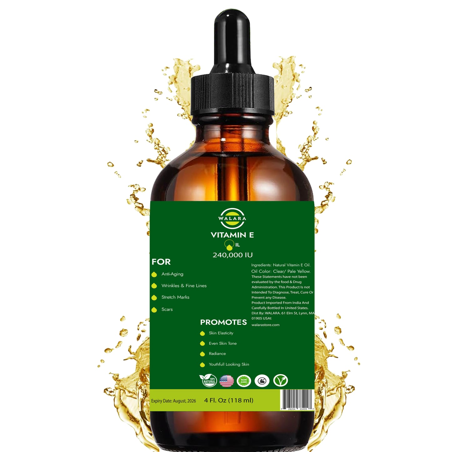 WALARA Vitamin E Oil 100% Pure 240,000 IU (4oz) | Natural, Non-GMO, for Skin, Hair, Premium Vitamin E Oil is 100% Pure & Natural