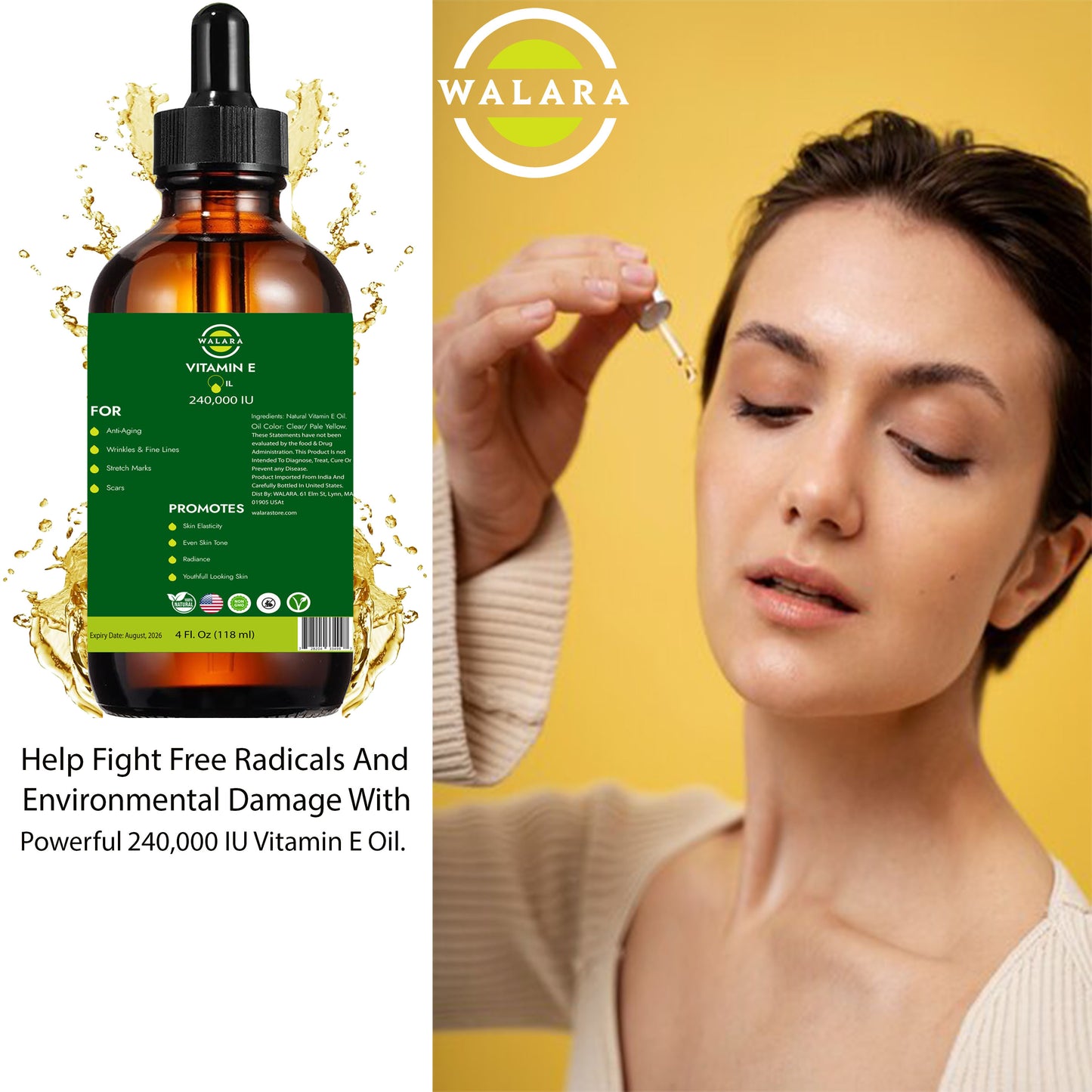 WALARA Vitamin E Oil 100% Pure 240,000 IU (4oz) | Natural, Non-GMO, for Skin, Hair, Premium Vitamin E Oil is 100% Pure & Natural